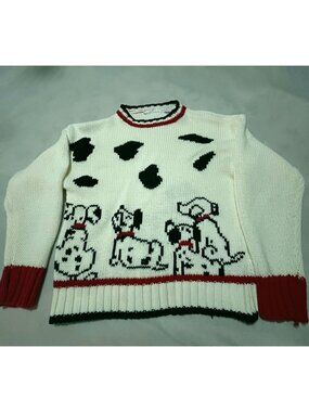 Disney Dalmatian 101 Dog Print Knit Sweater White/Red/Black Size M Vintage  80's
